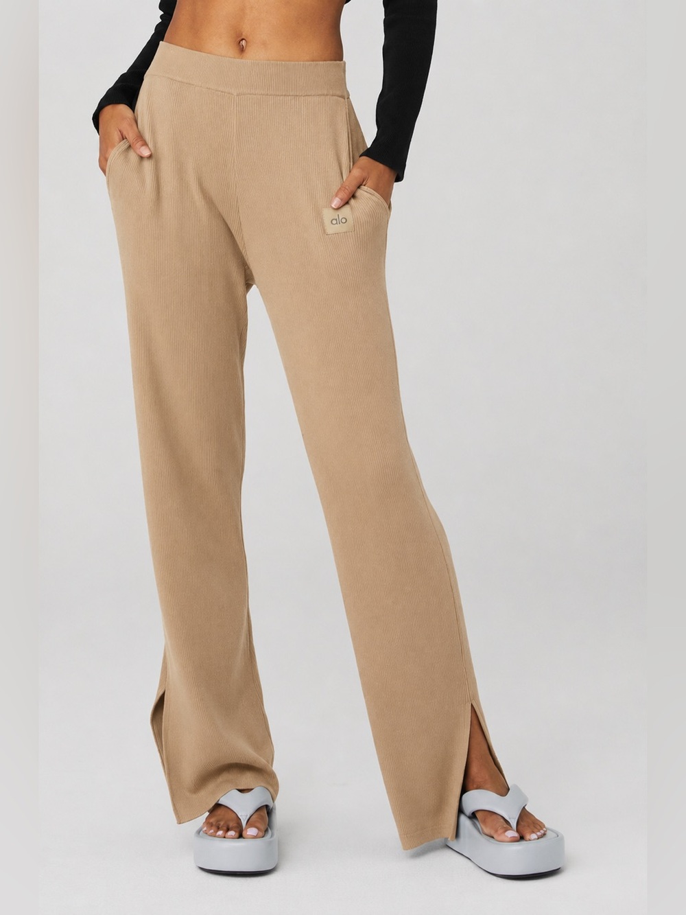 ALO Yoga Knit High Waist Salana Wide Leg Pants Tan Size Medium